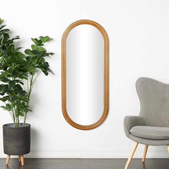 Brown Wooden Oval Wall Mirror with Dimensional Carved Frame